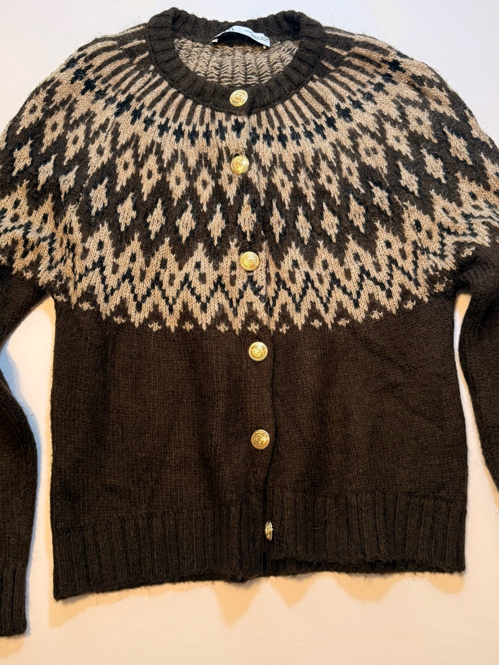 Zara Brown Fair Isle Knit Cardigan Gold Buttons M